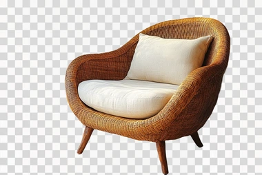 Professional studio photo of a handwoven rattan chair with a curved backrest and light beige cushion, boho-chic design, on a plain white background   --s 750
