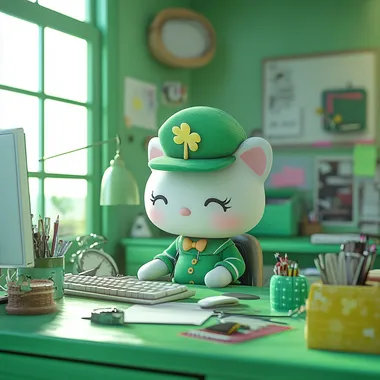 Hello kitty, st Patrick's theme, Pixar style, working in office, in front of computer