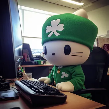 Hello kitty, st Patrick's theme, Pixar style, working in office, in front of computer