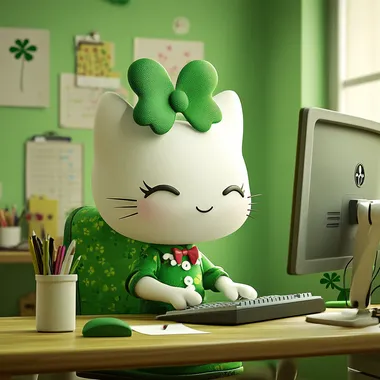 Hello kitty, st Patrick's theme, Pixar style, working in office, in front of computer