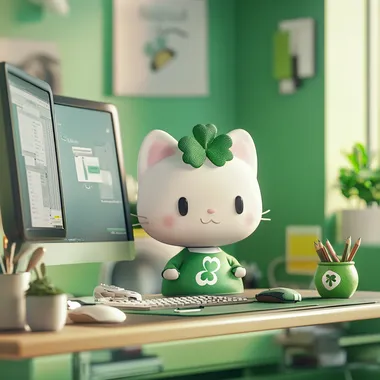 Hello kitty, st Patrick's theme, Pixar style, working in office, in front of computer