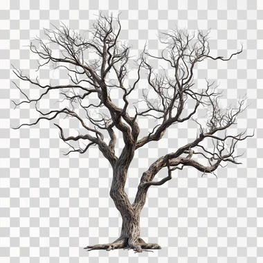 a realistic photo of a leafless tree with thick gnarly branches that resemble the arms of the goddess Kali. On a white background