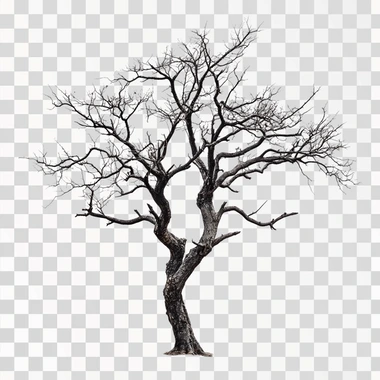 a realistic photo of a leafless tree with thick gnarly branches that resemble the arms of the goddess Kali. On a white background