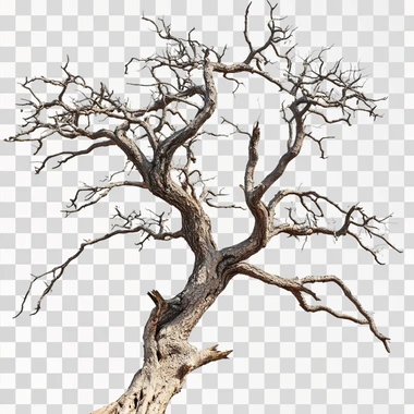 a realistic photo of a leafless tree with thick gnarly branches that resemble the arms of the goddess Kali. On a white background