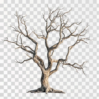 a realistic photo of a leafless tree with thick gnarly branches that resemble the arms of the goddess Kali. On a white background