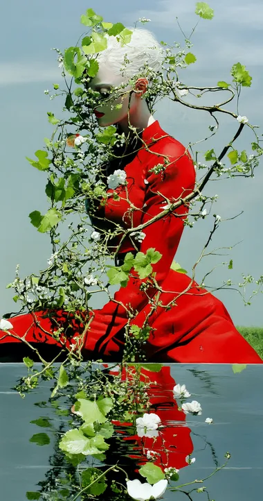 A red queen of vines, with vine-like hair and a dress made from leaves and roots, painted in the style of Zdzisaw Beksiski.  --s 750  am4d6i4
