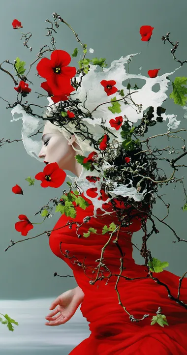 A red queen of vines, with vine-like hair and a dress made from leaves and roots, painted in the style of Zdzisaw Beksiski.  --s 750  am4d6i4