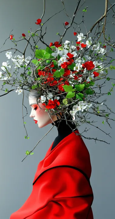 A red queen of vines, with vine-like hair and a dress made from leaves and roots, painted in the style of Zdzisaw Beksiski.  --s 750  am4d6i4