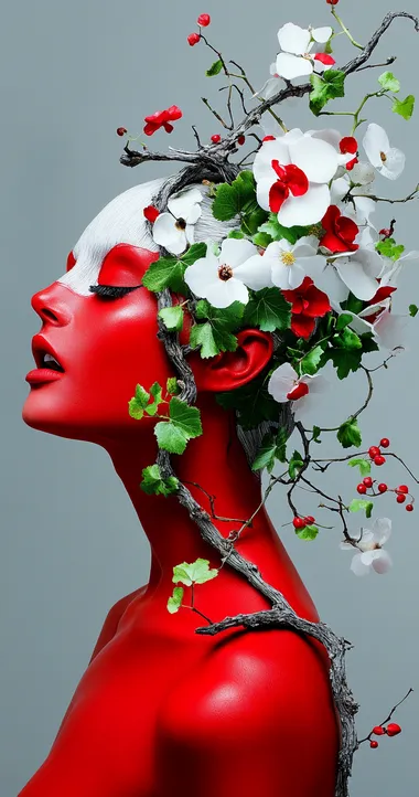 A red queen of vines, with vine-like hair and a dress made from leaves and roots, painted in the style of Zdzisaw Beksiski.  --s 750  am4d6i4