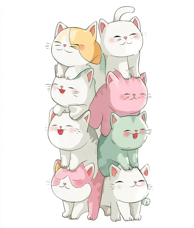 Playful Kittens Totem Pole Illustration