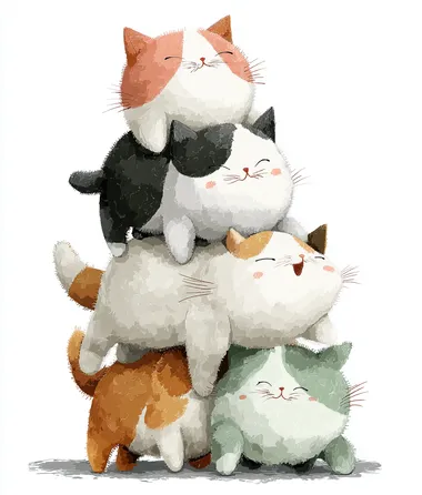 A group of tiny kittens stacked on top of each other like a totem pole, playful and cute, white background, pastel colors, cute vector illustration  --s 250
