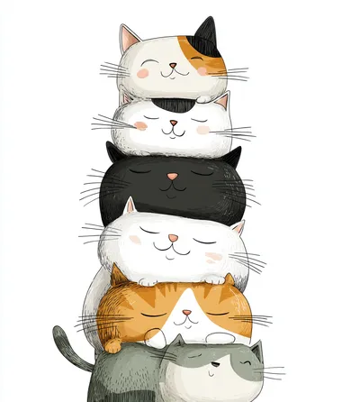 A group of tiny kittens stacked on top of each other like a totem pole, playful and cute, white background, pastel colors, cute vector illustration  --s 250