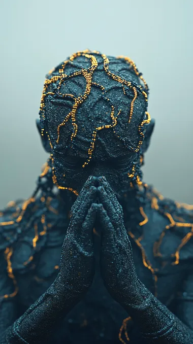 A highly detailed and stylized 3D render of a figure draped in flowing black fabric, adorned with intricate gold and black beaded chains. The figure's hands are clasped together in a gesture of contemplation or prayer. The head is slightly bowed, and the overall posture exudes a sense of solemnity and introspection. The beaded chains wrap around the figure's body and head, creating a dynamic interplay of light and shadow on the smooth, dark surface of the fabric. The background is a simple, gradient gray, which emphasizes the contrast and detail of the figure and the beads. The lighting is soft and diffused, highlighting the textures and folds of the fabric and the metallic sheen of the beads. The overall composition is elegant and dramatic, with a strong focus on the interplay of light, shadow, and texture.   rofile hdy3cat