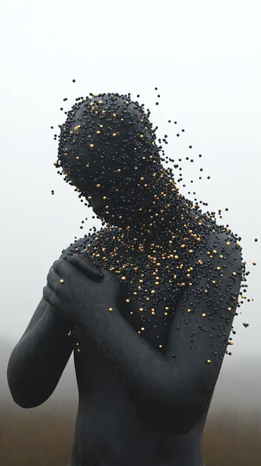 A highly detailed and stylized 3D render of a figure draped in flowing black fabric, adorned with intricate gold and black beaded chains. The figure's hands are clasped together in a gesture of contemplation or prayer. The head is slightly bowed, and the overall posture exudes a sense of solemnity and introspection. The beaded chains wrap around the figure's body and head, creating a dynamic interplay of light and shadow on the smooth, dark surface of the fabric. The background is a simple, gradient gray, which emphasizes the contrast and detail of the figure and the beads. The lighting is soft and diffused, highlighting the textures and folds of the fabric and the metallic sheen of the beads. The overall composition is elegant and dramatic, with a strong focus on the interplay of light, shadow, and texture.   rofile hdy3cat