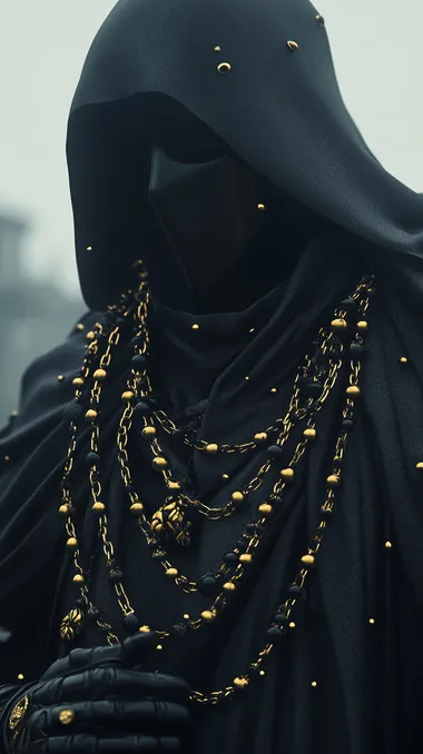 A highly detailed and stylized 3D render of a figure draped in flowing black fabric, adorned with intricate gold and black beaded chains. The figure's hands are clasped together in a gesture of contemplation or prayer. The head is slightly bowed, and the overall posture exudes a sense of solemnity and introspection. The beaded chains wrap around the figure's body and head, creating a dynamic interplay of light and shadow on the smooth, dark surface of the fabric. The background is a simple, gradient gray, which emphasizes the contrast and detail of the figure and the beads. The lighting is soft and diffused, highlighting the textures and folds of the fabric and the metallic sheen of the beads. The overall composition is elegant and dramatic, with a strong focus on the interplay of light, shadow, and texture.   rofile hdy3cat