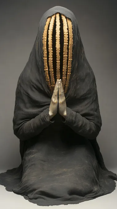 A highly detailed and stylized 3D render of a figure draped in flowing black fabric, adorned with intricate gold and black beaded chains. The figure's hands are clasped together in a gesture of contemplation or prayer. The head is slightly bowed, and the overall posture exudes a sense of solemnity and introspection. The beaded chains wrap around the figure's body and head, creating a dynamic interplay of light and shadow on the smooth, dark surface of the fabric. The background is a simple, gradient gray, which emphasizes the contrast and detail of the figure and the beads. The lighting is soft and diffused, highlighting the textures and folds of the fabric and the metallic sheen of the beads. The overall composition is elegant and dramatic, with a strong focus on the interplay of light, shadow, and texture.   rofile hdy3cat