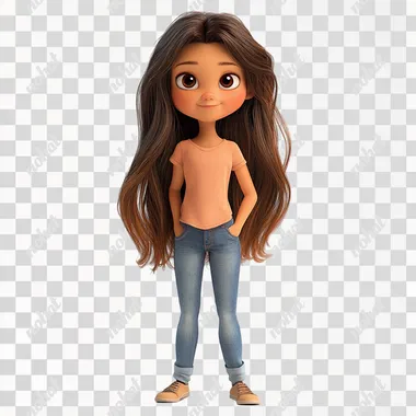 8 years old with long brown hair, with big kind brown eyes, wearing jeans and a t-shirt, standing on a white background, Disney style. size 1:1
