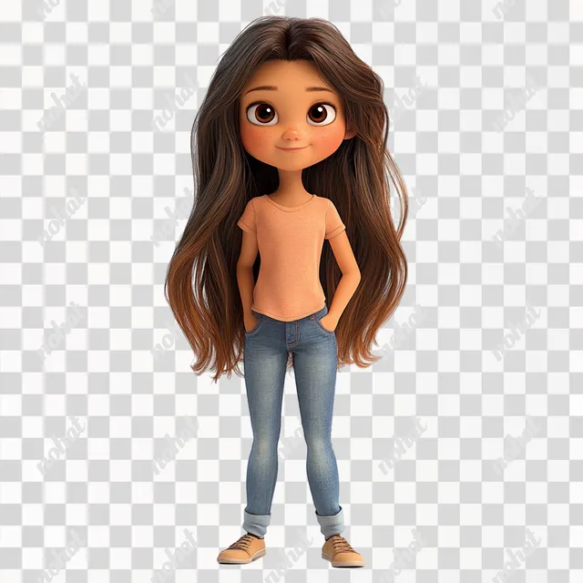 PNG 8-Year-Old Cartoon Girl in Jeans and T-Shirt, Disney Style, 1:1