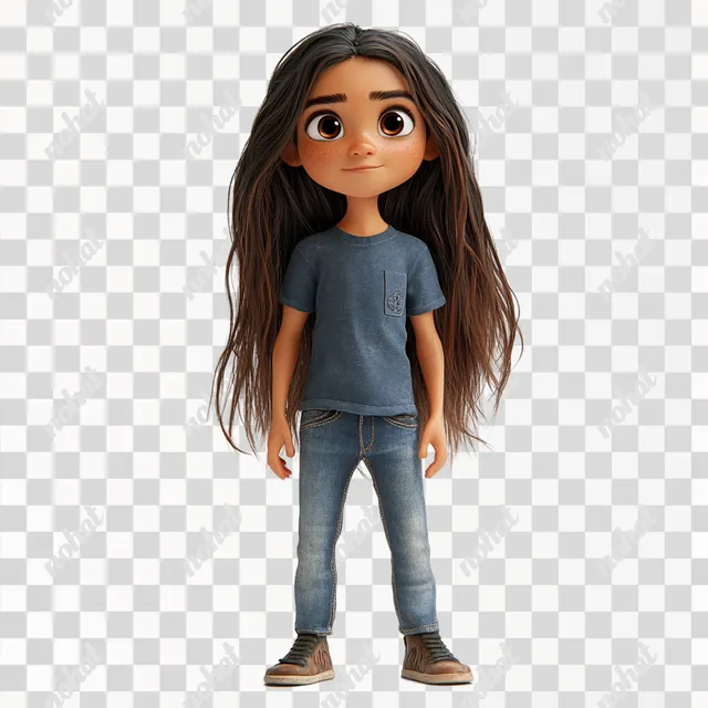 PNG 8-Year-Old Girl with Long Brown Hair in Jeans and T-Shirt, Disney Style