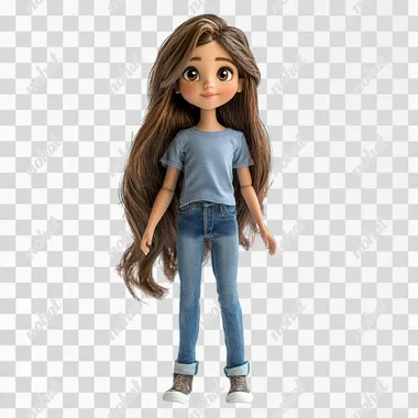 8 years old with long brown hair, with big kind brown eyes, wearing jeans and a t-shirt, standing on a white background, Disney style. size 1:1
