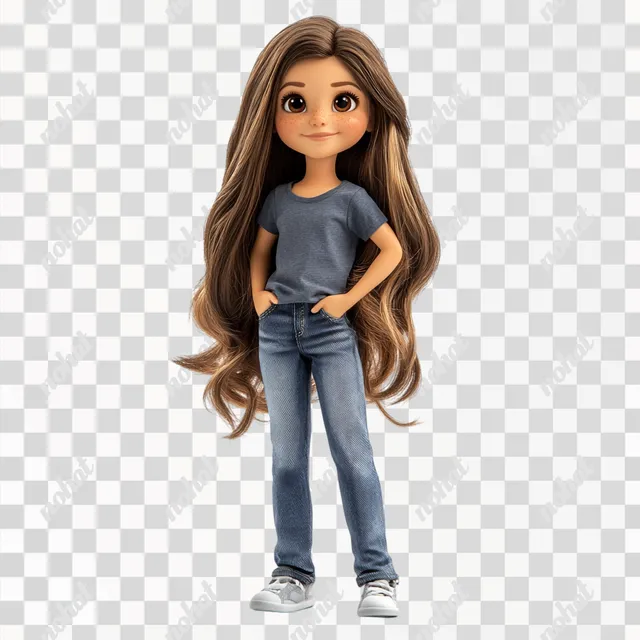 PNG Cartoon girl, 8 years old, long brown hair, jeans and t-shirt, standing