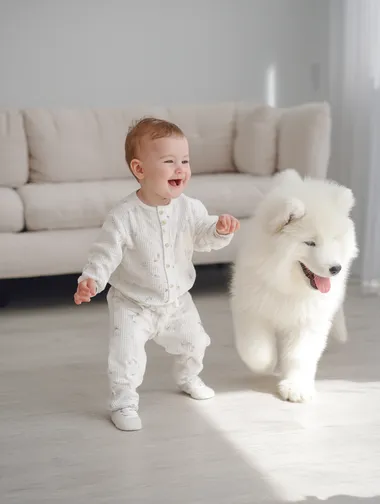 A happy 1-year-old white baby dancing playfully, with a cute Samoyed puppy joyfully copying the moves. Both laughing, bright expressions. Modern minimalist living room, clean background, soft natural light. Ultra-realistic, cinematic style