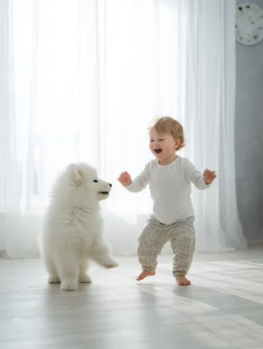 A happy 1-year-old white baby dancing playfully, with a cute Samoyed puppy joyfully copying the moves. Both laughing, bright expressions. Modern minimalist living room, clean background, soft natural light. Ultra-realistic, cinematic style
