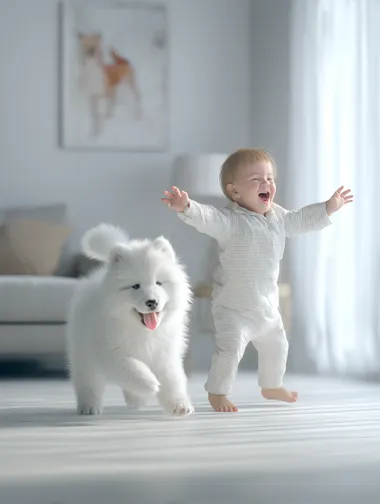 A happy 1-year-old white baby dancing playfully, with a cute Samoyed puppy joyfully copying the moves. Both laughing, bright expressions. Modern minimalist living room, clean background, soft natural light. Ultra-realistic, cinematic style