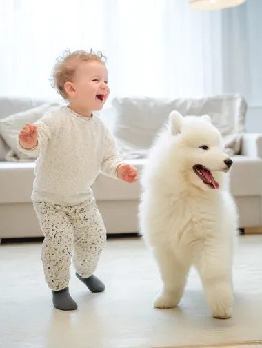 A happy 1-year-old white baby dancing playfully, with a cute Samoyed puppy joyfully copying the moves. Both laughing, bright expressions. Modern minimalist living room, clean background, soft natural light. Ultra-realistic, cinematic style