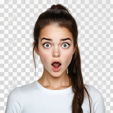 beatiful perfect brunette girl, plain white background, shocked mouth open, , ultra realistic, make it look super real, ponytail