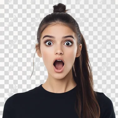 beatiful perfect brunette girl, plain white background, shocked mouth open, , ultra realistic, make it look super real, ponytail