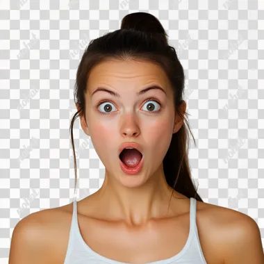 beatiful perfect brunette girl, plain white background, shocked mouth open, , ultra realistic, make it look super real, ponytail