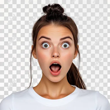 beatiful perfect brunette girl, plain white background, shocked mouth open, , ultra realistic, make it look super real, ponytail