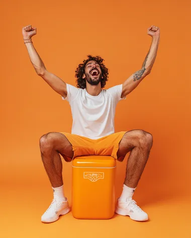 argentinean basketball fan happy and cheering sitted over an orange gatorade rectangular modern cooler located in the center of an orange studio background, a wide-angle fisheye shot with cinematic lighting and high-resolution photography