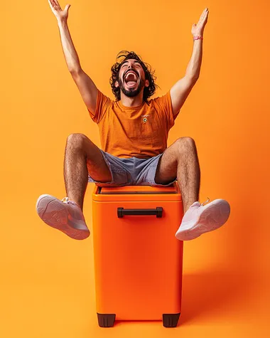 argentinean basketball fan happy and cheering sitted over an orange gatorade rectangular modern cooler located in the center of an orange studio background, a wide-angle fisheye shot with cinematic lighting and high-resolution photography