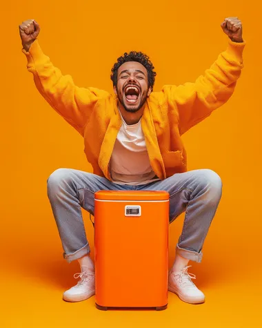 argentinean basketball fan happy and cheering sitted over an orange gatorade rectangular modern cooler located in the center of an orange studio background, a wide-angle fisheye shot with cinematic lighting and high-resolution photography