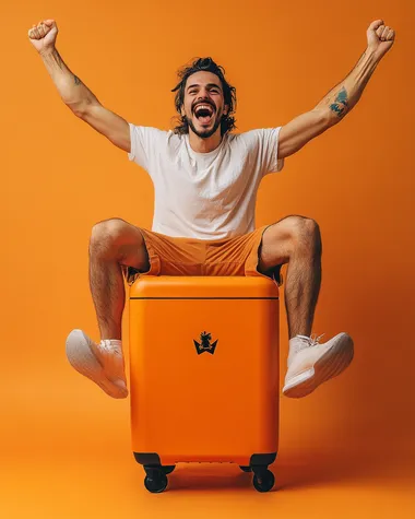 argentinean basketball fan happy and cheering sitted over an orange gatorade rectangular modern cooler located in the center of an orange studio background, a wide-angle fisheye shot with cinematic lighting and high-resolution photography