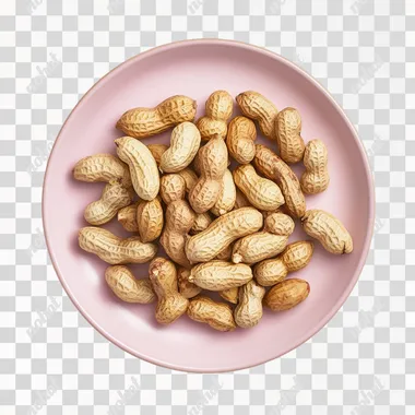 A top view high-resolution photograph of peanuts. The food is neatly arranged on a glossy light pink plate. The plate is placed on a white background, clean, no contrast, minimalist, creating a visually ap