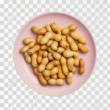 A top view high-resolution photograph of peanuts. The food is neatly arranged on a glossy light pink plate. The plate is placed on a white background, clean, no contrast, minimalist, creating a visually ap
