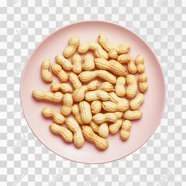 A top view high-resolution photograph of peanuts. The food is neatly arranged on a glossy light pink plate. The plate is placed on a white background, clean, no contrast, minimalist, creating a visually ap