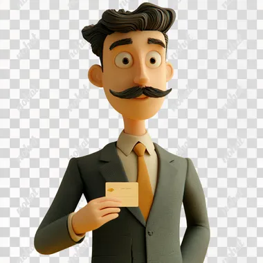 In 3D clay style, the salesman wore a suit and held a card in his handwhite backgroundHD