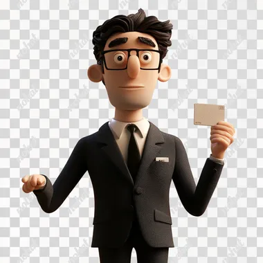 In 3D clay style, the salesman wore a suit and held a card in his handwhite backgroundHD