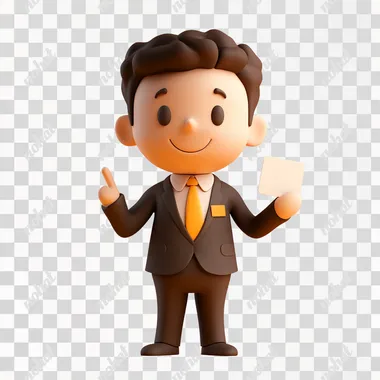In 3D clay style, the salesman wore a suit and held a card in his handwhite backgroundHD