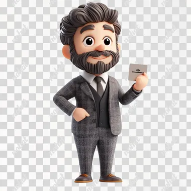 In 3D clay style, the salesman wore a suit and held a card in his handwhite backgroundHD