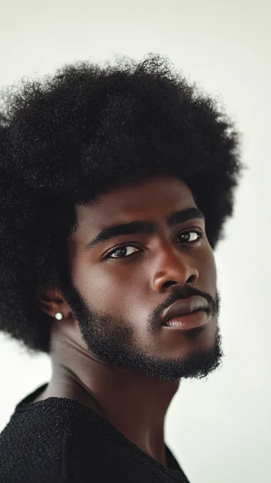Fashion photography, a black man with a large Afro. He is staring deeply into the camera showing strength and power. White backdrop. Off white color palette.