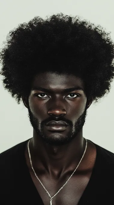 Fashion photography, a black man with a large Afro. He is staring deeply into the camera showing strength and power. White backdrop. Off white color palette.
