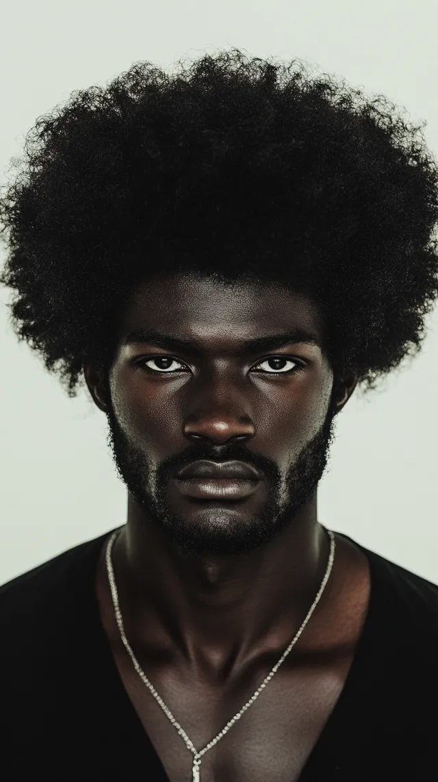 Black man with large Afro and necklace in fashion photography portrait