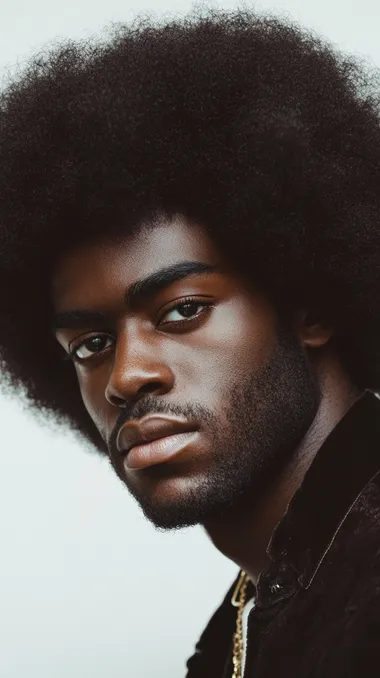 Fashion photography, a black man with a large Afro. He is staring deeply into the camera showing strength and power. White backdrop. Off white color palette.