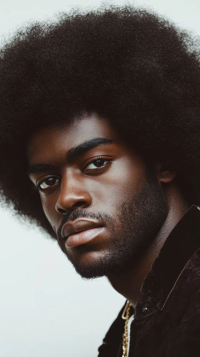 Black man with powerful Afro gazes at camera in fashion photography