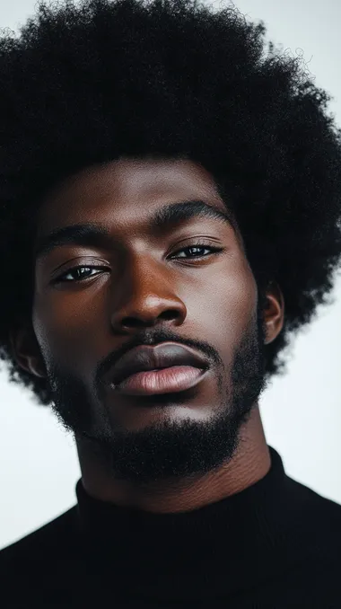 Fashion photography, a black man with a large Afro. He is staring deeply into the camera showing strength and power. White backdrop. Off white color palette.